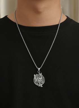 时尚钛钢项链 维京狼钛钢项链 立体狼维京文字圆牌吊坠钛钢项链