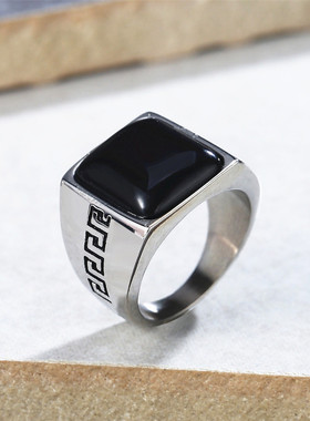 时尚钛钢男款戒指欧美风复古时尚复古长城纹方形宝石戒指潮男指环