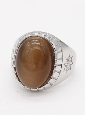 时尚钛钢男款戒指欧美简约椭圆猫眼石多彩宝石太阳花钛钢戒指指环