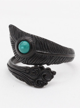 时尚钛钢男女戒指 欧美个性复古羽毛松石钛钢戒指指环