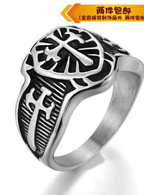 时尚钛钢戒指个性朋克风戒指 男款流行十字军花指环男款戒指指环