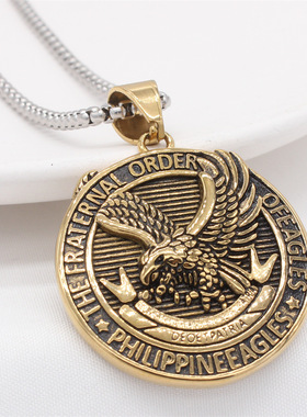 时尚钛钢项链 欧美个性复古老鹰圆牌吊坠 男女通用款钛钢项链