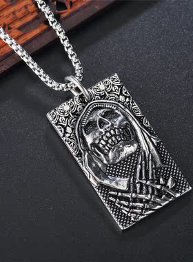 时尚钛钢项链  欧美个性复古骷髅头长方牌吊坠男士钛钢项链