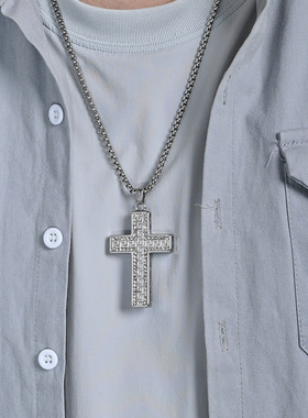 时尚钛钢项链欧美满钻长城纹钛钢十字架项链长城纹十字架钛钢项链