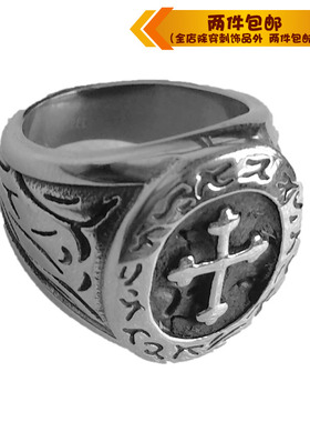 时尚风花纹十字架钛钢戒指