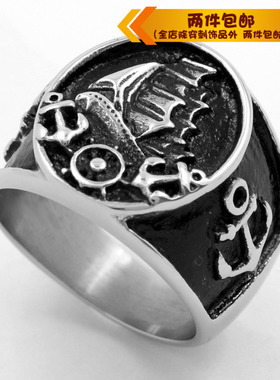 朋克风船锚加勒比海盗钛钢戒指