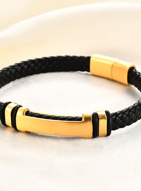 时尚钛钢手链 简约11MM简约男士编织皮手链 编织款手环钛钢手链