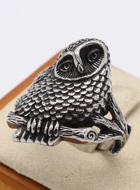 时尚钛钢男款戒指 欧美复古个性猫头鹰钛钢戒指指环