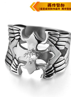 锆石四爪镶钻十字架钛钢戒指