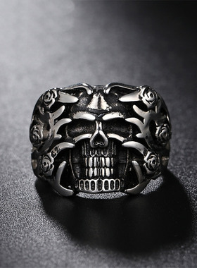 时尚钛钢男款戒指 复古个性朋克玫瑰花骷髅头钛钢戒指潮男指环