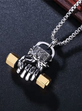 时尚钛钢项链  欧美时尚健身房哑铃吊坠男士钛钢项链