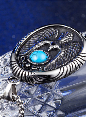 时尚钛钢项链  欧美潮流复古蓝松石老鹰钛钢椭圆牌男士钛钢项链