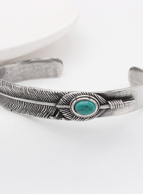 时尚钛钢手镯 欧美做旧椭圆松石立体羽毛开口手镯 男女钛钢手镯