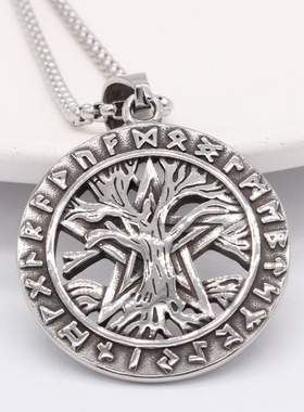 时尚钛钢项链 欧美个性复古生命树维京圆牌大树钛钢吊坠钛钢项链