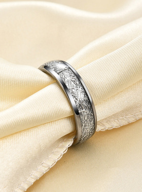 时尚钨钢戒指 4 6MM雾松图纹陨石丝情侣对戒 防剐蹭钨金戒指