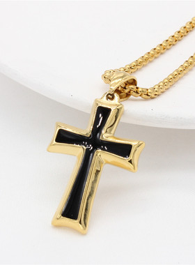 时尚钛钢项链 欧美时尚ins简约滴油十字架男女通用款情侣钛钢项链