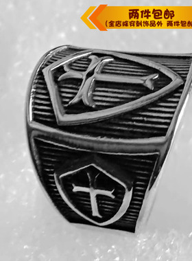 欧美风盾牌十字架钛钢戒指