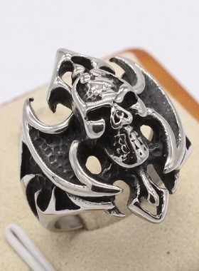 时尚钛钢男款戒指 欧美个性复古哥特火焰骷髅头钛钢戒指指环