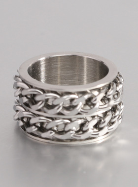时尚钛钢戒指 欧美ins街头嘻哈Rap朋克双排复古锁链钛钢戒指指环