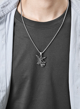 时尚钛钢项链欧美复古风圣迈克尔大天使钛钢项链小众个性潮人项链