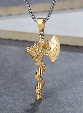 时尚钛钢项链  北欧神话龙斧头钛钢项链 生肖龙吊坠男士钛钢项链