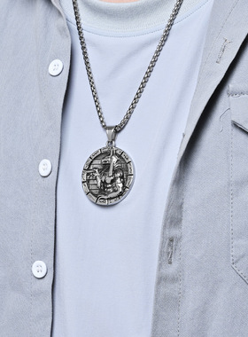 时尚钛钢项链 复古埃及神话阿努比斯神吊坠文化圆牌图文钛钢项链