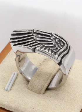 时尚钛钢男款戒指 欧美个性复古单边翅膀羽毛钛钢戒指指环