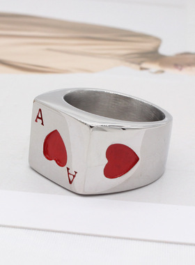 时尚钛钢男款戒指  欧美复古时尚魔术师红桃扑克长方形钛钢戒指男