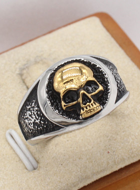 时尚钛钢男款戒指 欧美个性圆形骷髅戒指 复古骷髅头钛钢戒指指环