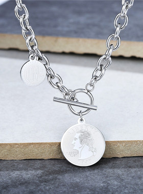 时尚钛钢项链 欧美ins简约短款LIBERTY自由双圆牌锁骨链钛钢项链