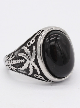 时尚钛钢男款戒指 欧美复古枫叶椰树椭圆宝石宫廷风钛钢戒指指环