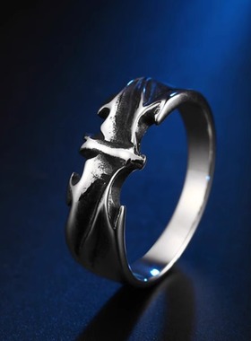 时尚钛钢戒指 欧美做旧ins复古哥特风蝙蝠潮男钛钢戒指指环