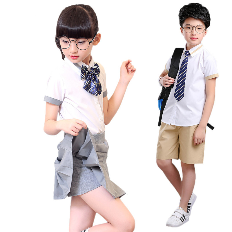 女童夏季短裙校服男童短袖白衬衫两件套小学生