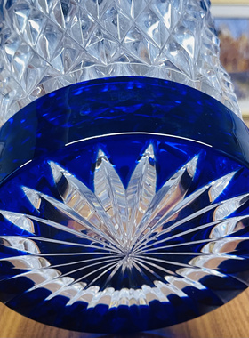 意大利手工切子刻花杯复古几何图案蓝色水晶花瓶餐厅摆台装饰品
