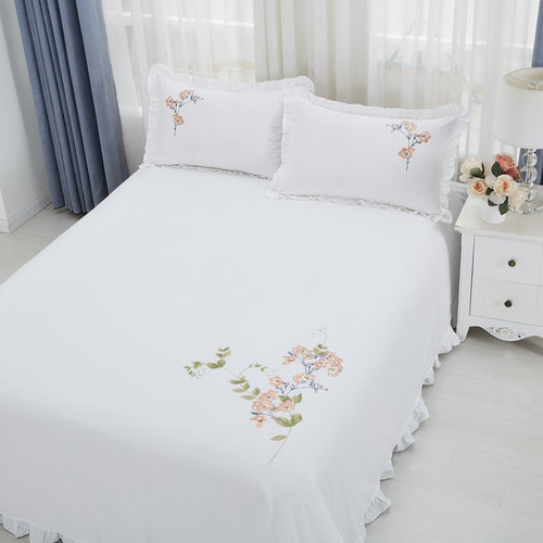 外贸绣花纯棉床单单件老式花边白色100全棉高档圆角被单枕套 - 图0