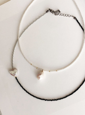 韩代女巴洛克爱心珍珠黑色水晶百搭气质温柔减龄项链锁骨链颈链