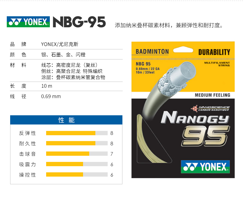 YONEX尤尼克斯BGXB63/ABBT羽毛球线球拍AB线98/95耐打高弹线BG66U - 图0