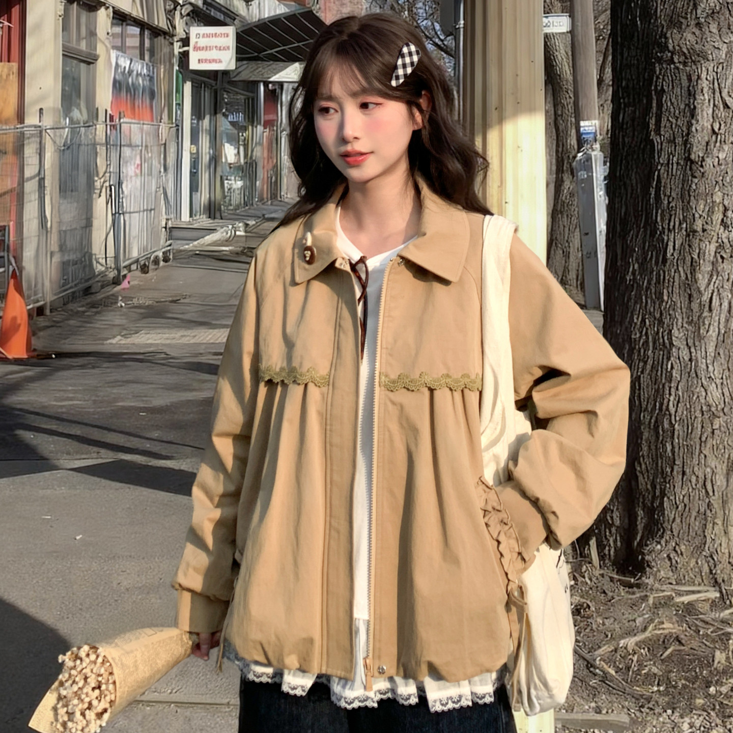 森女部落甜美风娃娃领蕾丝花边设计感宽松外套女新款纯棉短款上衣,淘宝优惠券,粉丝福利购,淘宝优惠卷