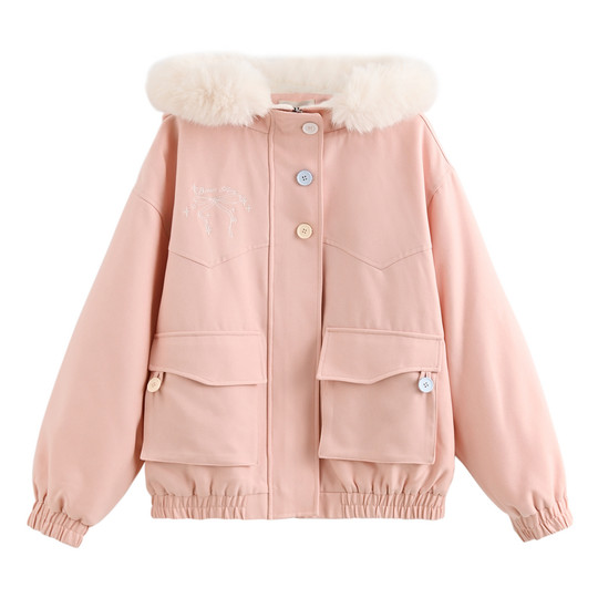 森女部落甜美风百搭毛绒连帽棉服女2025新款宽松粉色保暖外套冬季