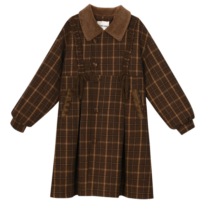 Mori Girl Tribe Original British Plaid Woolen Coat Mid-Length Coat Winter Clothes Retro Woolen Coat Autumn and Winter