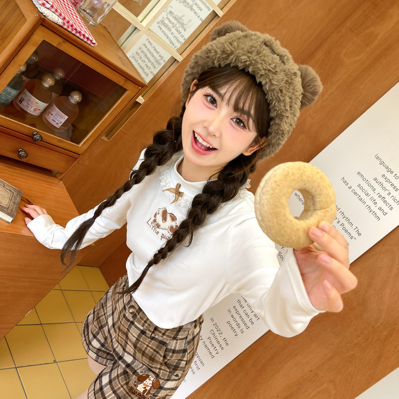 森女部落卡通可爱内搭半高领打底衫女秋2025栋新款可外穿长袖T恤