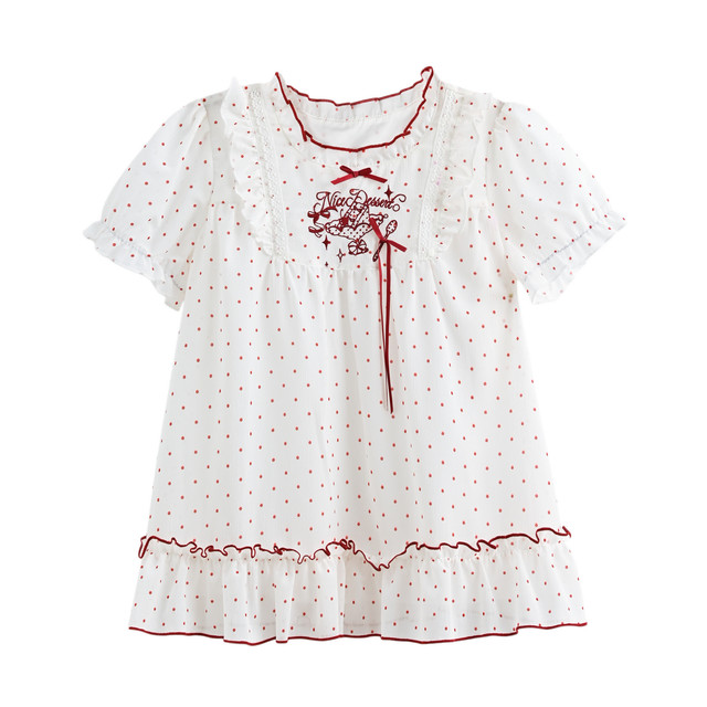 Mori tribe sweet style puff sleeve chiffon shirt for women 2026 new baby doll sweater polka dot lace design summer