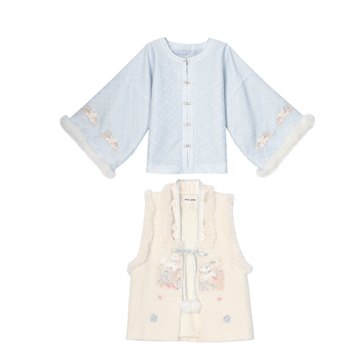 森女部落汉服套装浅蓝长衫毛绒马甲蕾丝半裙刺绣毛绒领汉服套装,淘宝优惠券,粉丝福利购,淘宝优惠卷