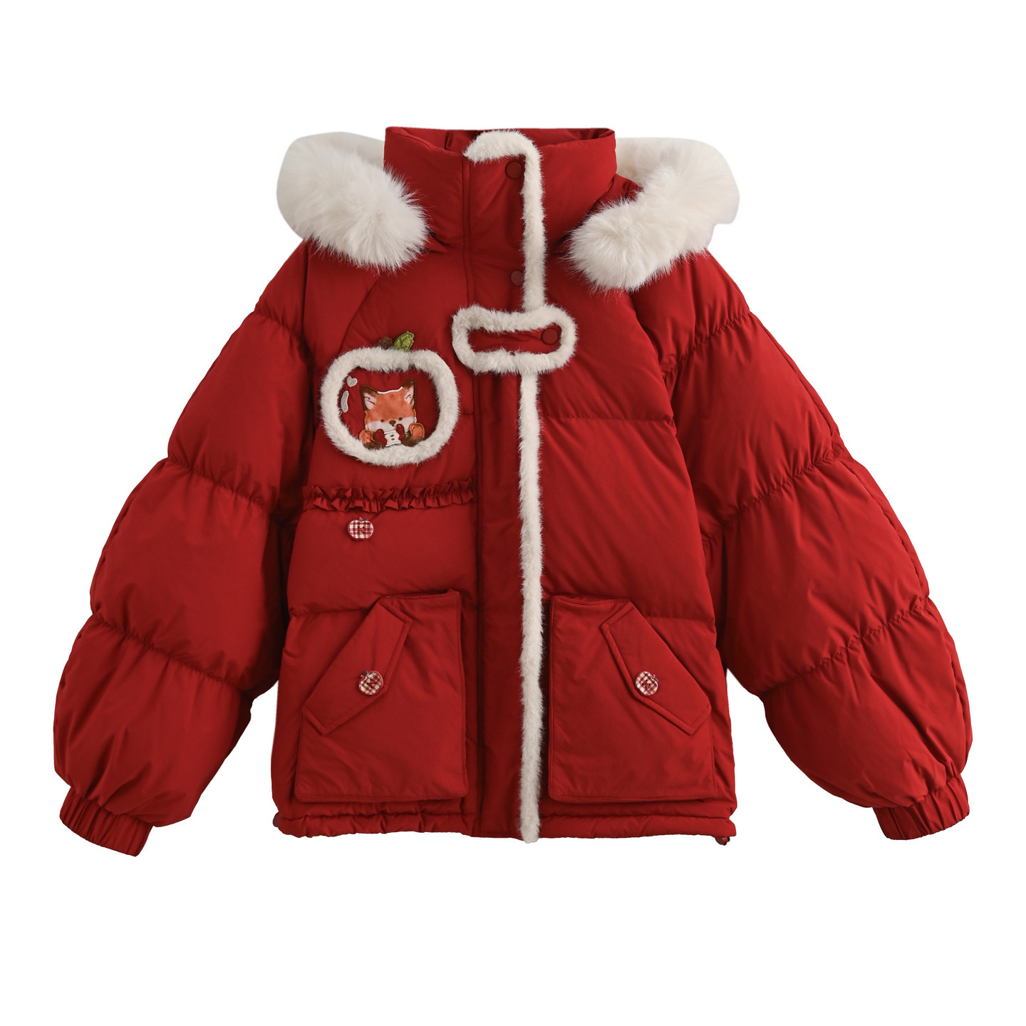 森女部落红色新年圣诞90%白鸭绒羽绒服女冬2026新款保暖连帽外套