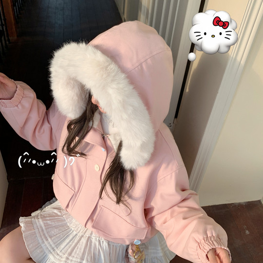 森女部落甜美风百搭毛绒连帽棉服女2025新款宽松粉色保暖外套冬季