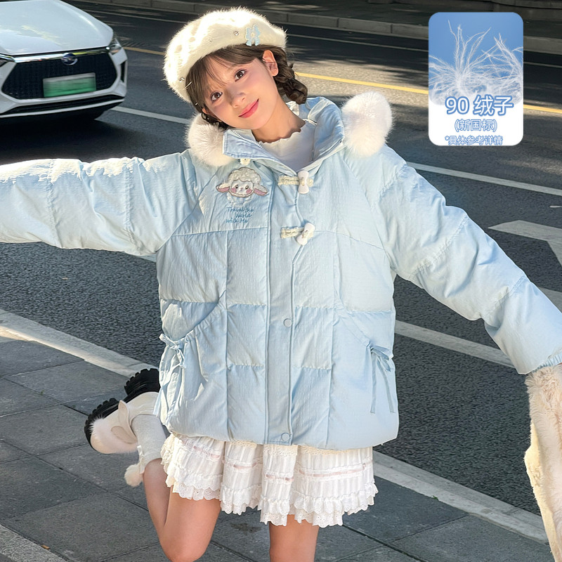 森女部落甜美可爱蓝色羽绒服女中长款冬2025新款小个子短款厚外套,淘宝优惠券,粉丝福利购,淘宝优惠卷