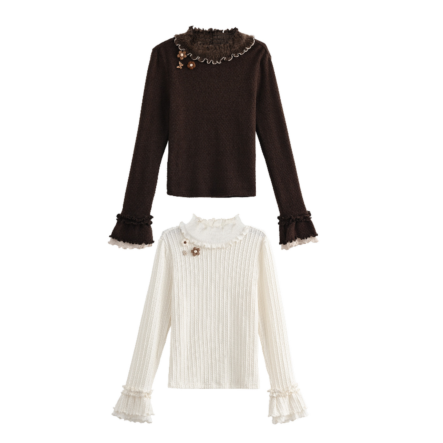 森女部落棕色蕾丝花边高领长袖T恤女秋森系内搭可爱打底衫上衣冬,淘宝优惠券,粉丝福利购,淘宝优惠卷