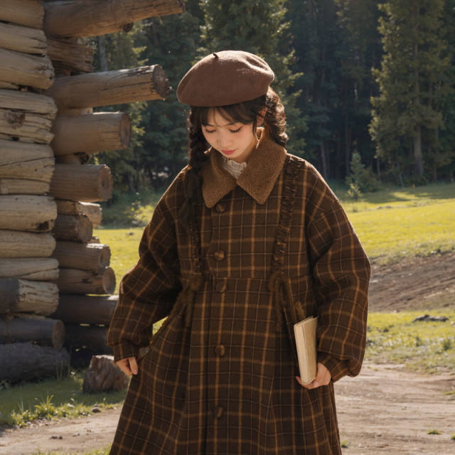 Mori Girl Tribe Original British Plaid Woolen Coat Mid-Length Coat Winter Clothes Retro Woolen Coat Autumn and Winter