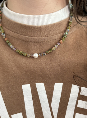 天然石淡水珍珠女款四方珠锁骨链