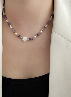 贝壳花朵紫色天然石女款串珠项链